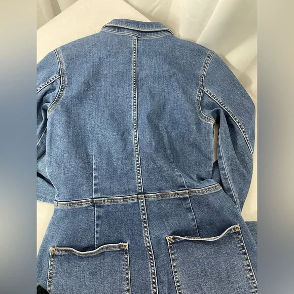 Free People Denim Jumpsuit Medium Zip Front Utility Coverall Blue Long Sleeve - Picture 9 of 16